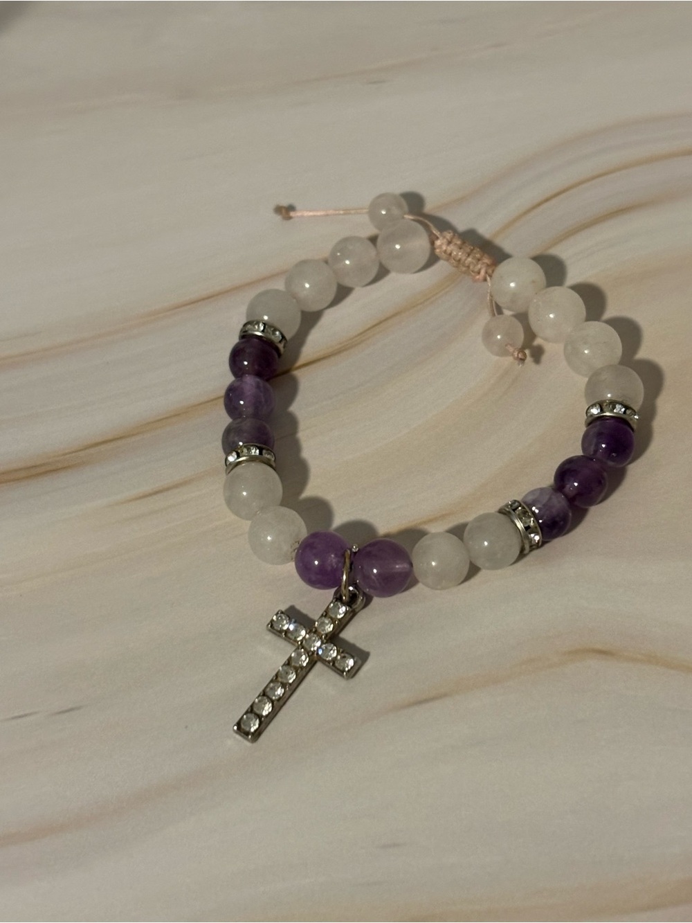 Crystal Cross Charm Bracelet w/Purple Amethyst & Quartz Beads 6”-7.5”